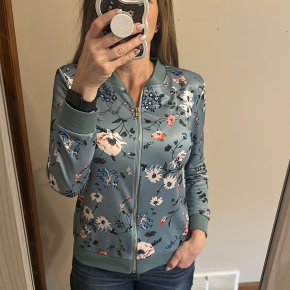 Blue and Green Bomber Jacket with Floral Print - Picture 1 of 5